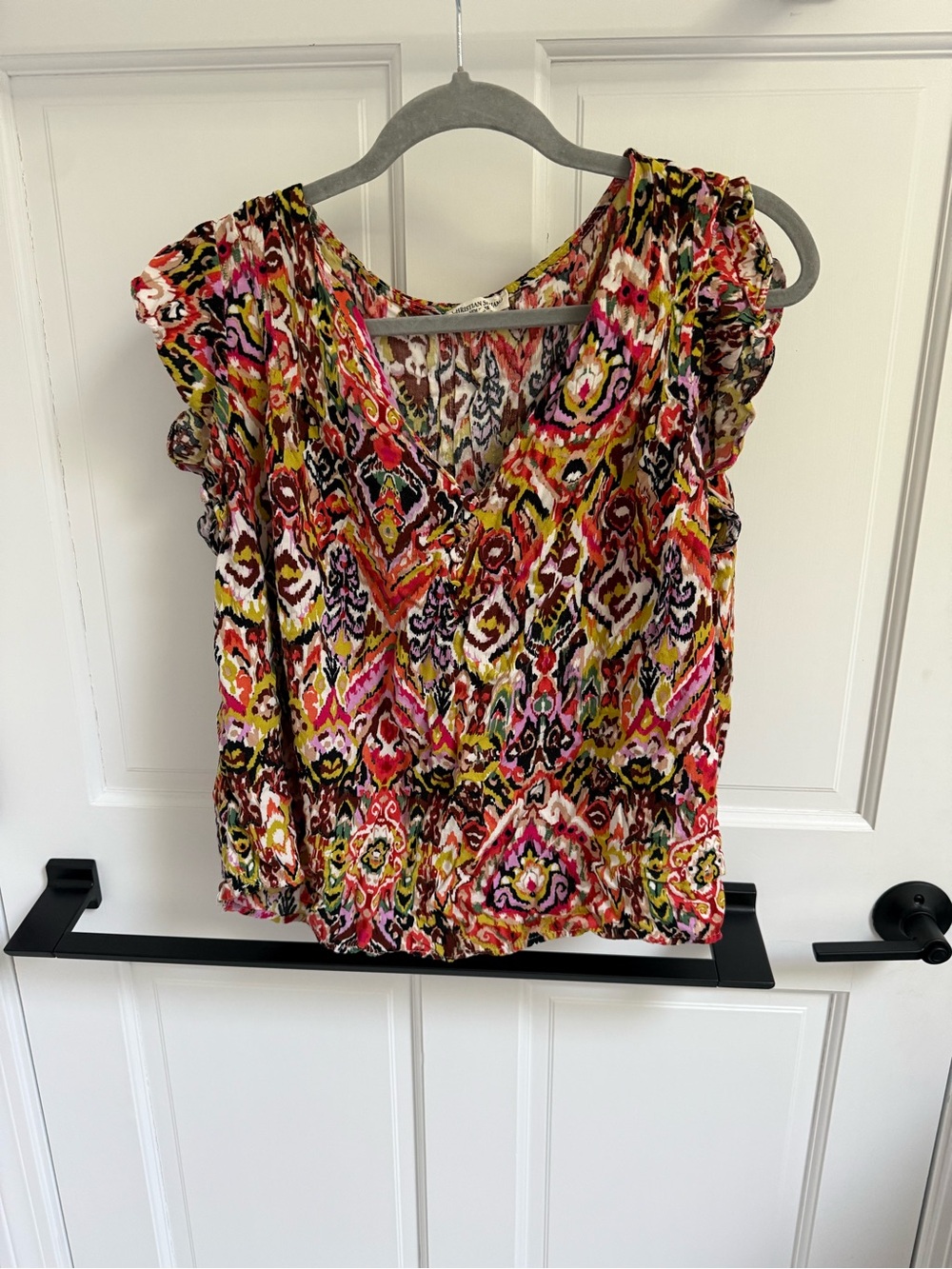 Christian Siriano Pink Yellow Multicolor Ikat V-Neck Blouse